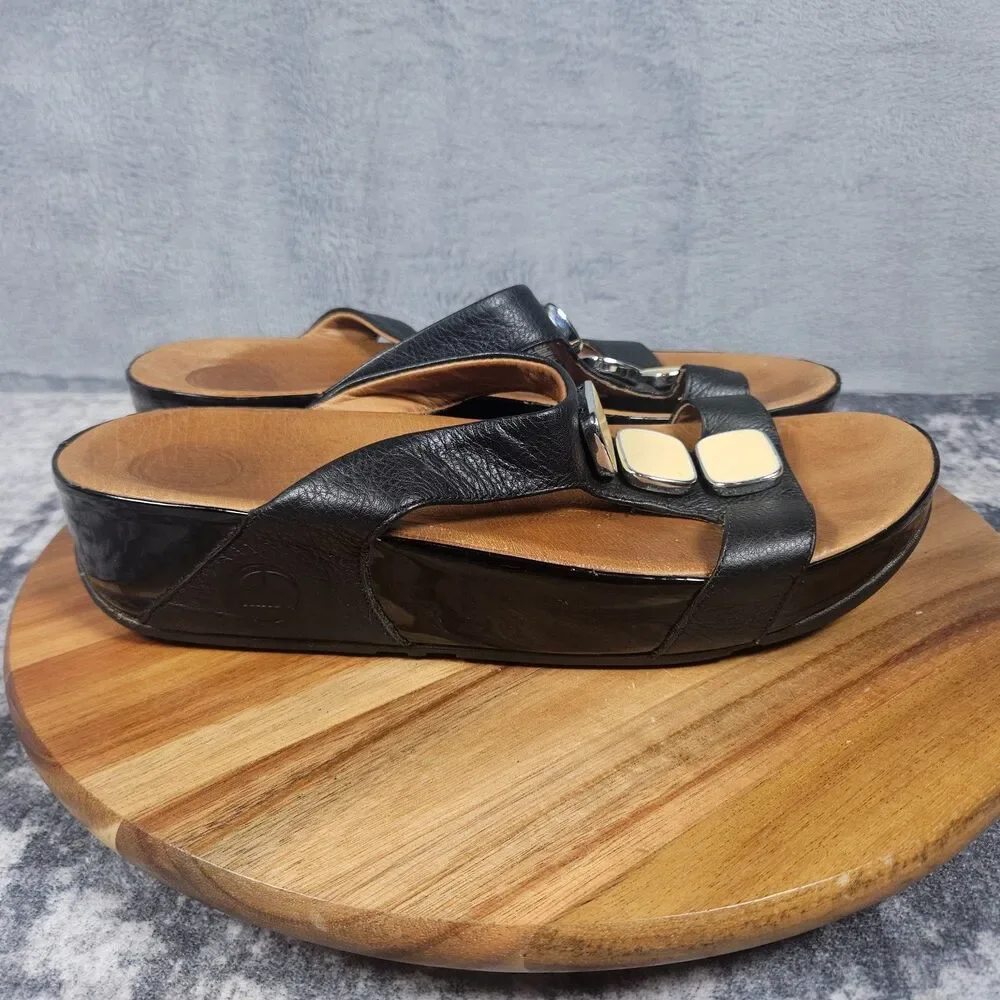 Fitflop Sandals Pietra II Womens 10 Black Leather Thongs Flip Flops Embellished